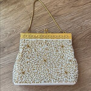 Vintage 60 s Gold and White Beaded Clutch